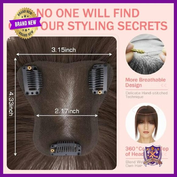 Human Hair Topper with Bangs, 3.15x4.33 Silk Base, 360° Coverage main image 5
